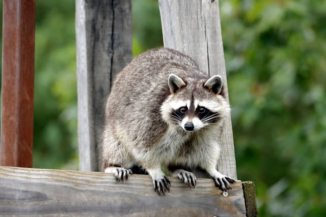 racoon on wood structure outdoors